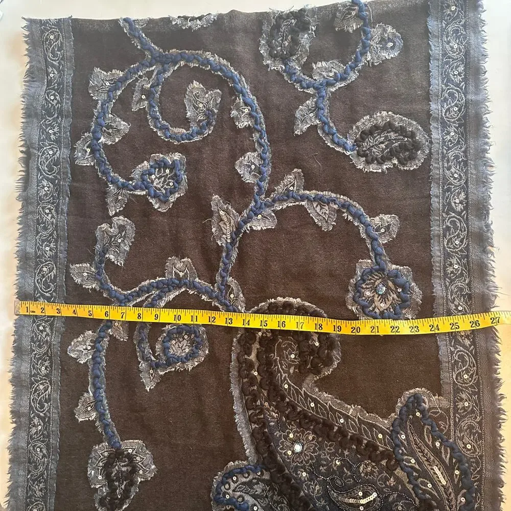 Tolani 100% Wool Scarf Brown Blue Embroidered Sequins Paisley Fringe Oversized